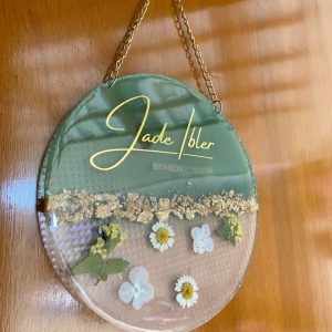personalized botanical resin hanging sign with gold flakes
